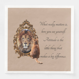 Cat Gazing Mirror Lion Inspiration Text Vintag Serviette
