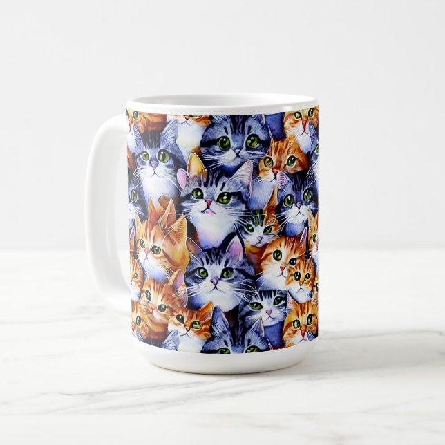 Cat-Gesichter drucken Collage nahtlos Muster Tier Kaffeetasse (Vorderseite Links)