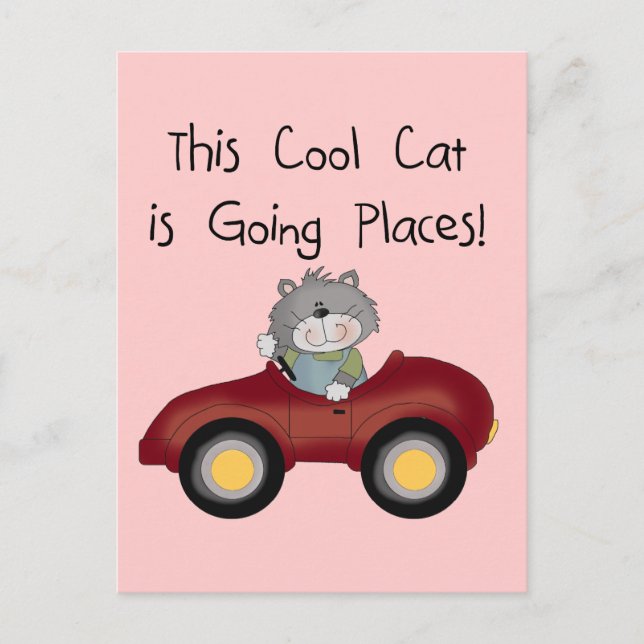 Cat Going Places Red Car Hemden und Geschenke Postkarte (Vorderseite)