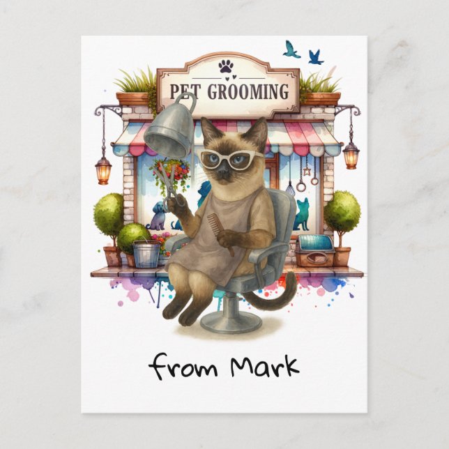 Cat Hairdresser Pet Grooming Aquarell Stil Postkarte (Vorderseite)