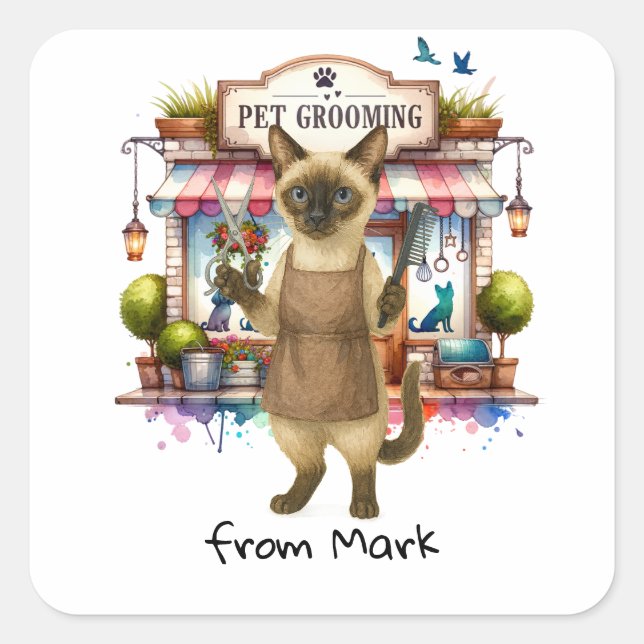 Cat Hairdresser Pet Grooming watercolor style Quadratischer Aufkleber (Vorderseite)