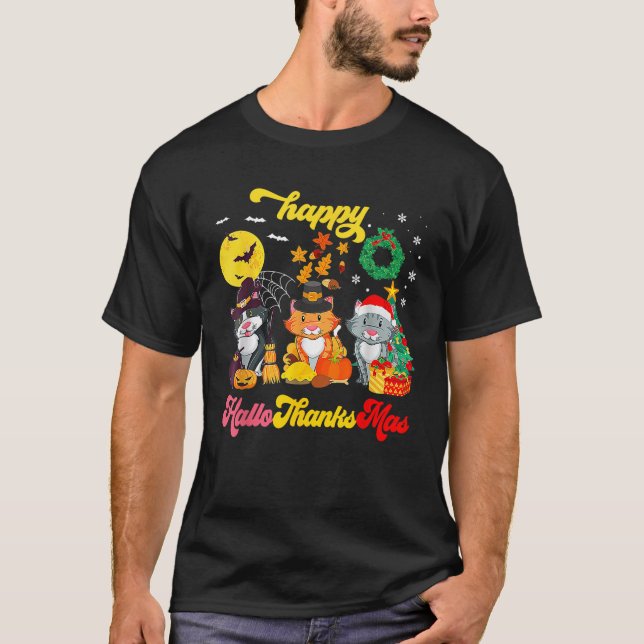 Cat Halloween Christmas Happy Hallothanksmas Thank T-Shirt (Vorderseite)