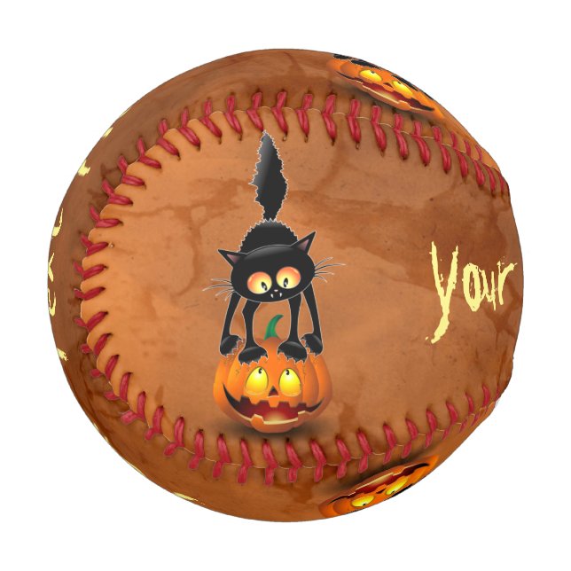 Cat Halloween erschreckter Cartoon auf Kürbiskröte Baseball (Vorderseite Links)