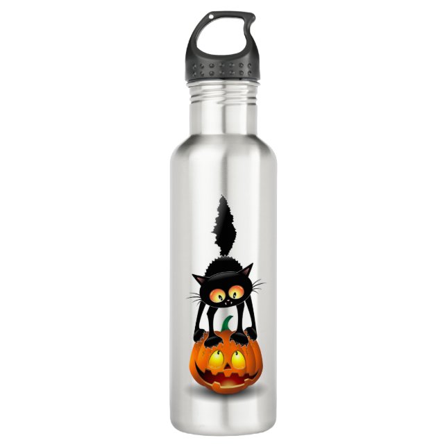 Cat Halloween erschreckter Cartoon auf Kürbiskröte Edelstahlflasche (Vorderseite)