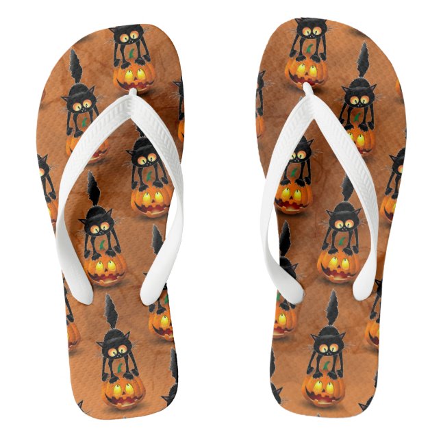 Cat Halloween erschreckter Cartoon auf Kürbiskröte Flip Flops (Fußbett)