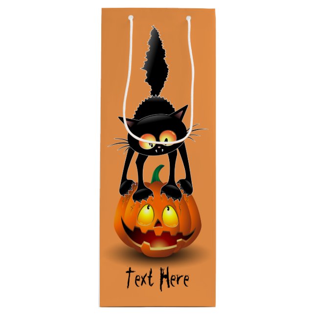 Cat Halloween erschreckter Cartoon auf Kürbiskröte Geschenktüte Für Weinflaschen (Vorderseite)