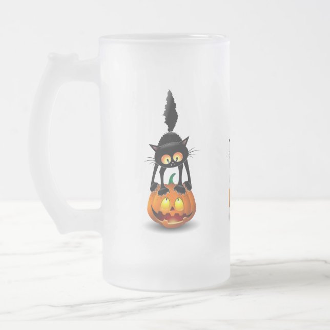 Cat Halloween erschreckter Cartoon auf Kürbiskröte Mattglas Bierglas (Links)