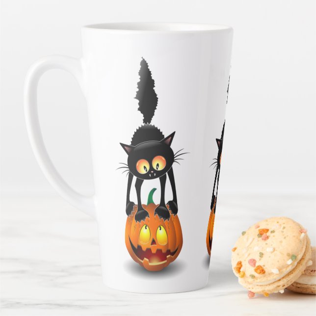 Cat Halloween erschreckter Cartoon auf Kürbiskröte Milchtasse (Beispiel)