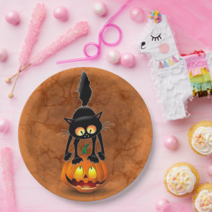 Cat Halloween erschreckter Cartoon auf Kürbiskröte Pappteller