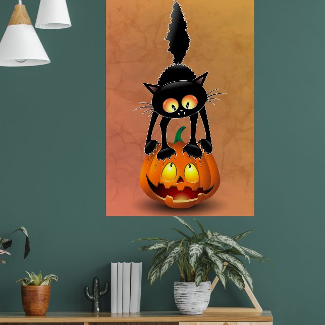 Cat Halloween erschreckter Cartoon auf Kürbiskröte Poster (Wohnzimmer 1)