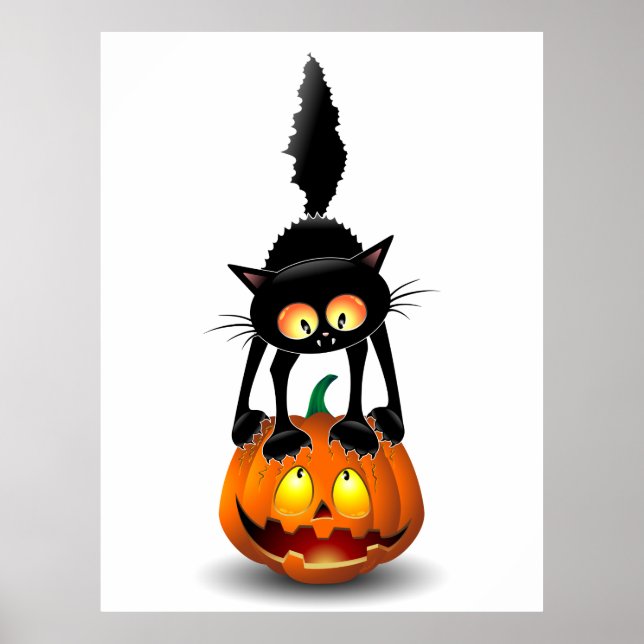 Cat Halloween erschreckter Cartoon auf Kürbiskröte Poster (Vorne)