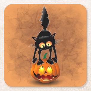 Cat Halloween erschreckter Cartoon auf Kürbiskröte Rechteckiger Pappuntersetzer