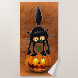 Cat Halloween erschreckter Cartoon auf Kürbiskröte Strandtuch