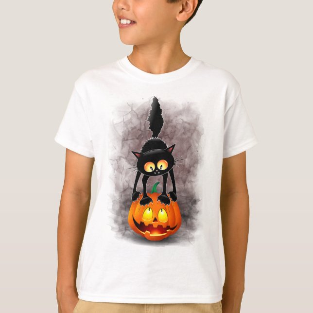 Cat Halloween erschreckter Cartoon auf Kürbiskröte T-Shirt (Vorderseite)