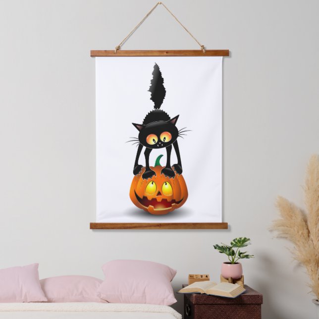 Cat Halloween erschreckter Cartoon auf Kürbiskröte Wandteppich Mit Holzrahmen (Schlafzimmer)