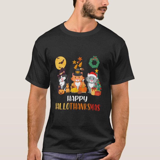 Cat Halloween Happy Hallothanksmas Erntedank T-Shirt (Vorderseite)