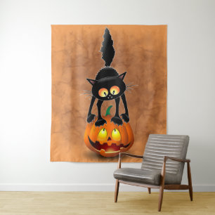 Cat Halloween Scared Cartoon Character stehend Wandteppich