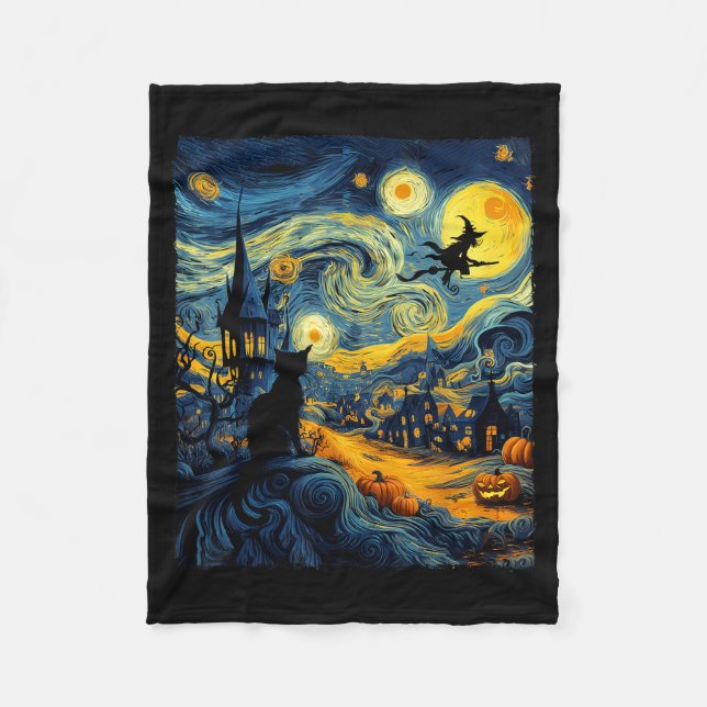 Cat Halloween Van Gogh Starry Night Pumpkin Men Wo Fleecedecke (Vorderseite)