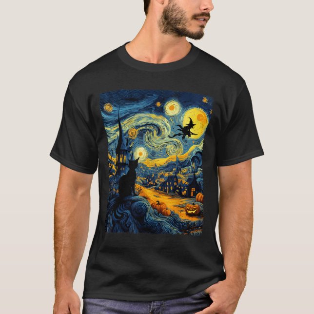 Cat Halloween Van Gogh Starry Night Pumpkin Men Wo T-Shirt (Vorderseite)