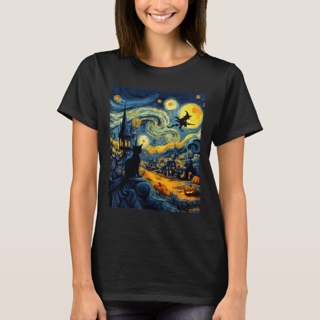 Cat Halloween Van Gogh Starry Night Pumpkin Men Wo T-Shirt (Vorderseite)