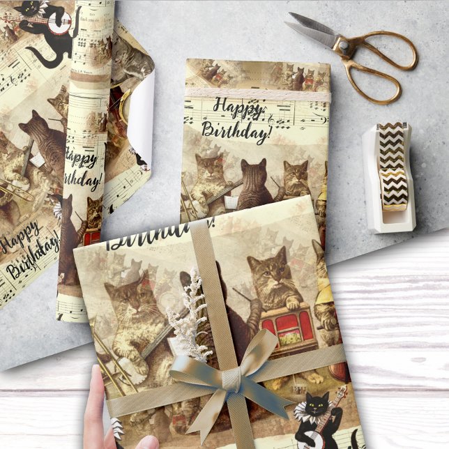 Cat Happy Birthday Song Orchestra Geschenkpapier (Cute vintage pattern wrapping paper featuring a cat orchestra singing a happy birthday song)