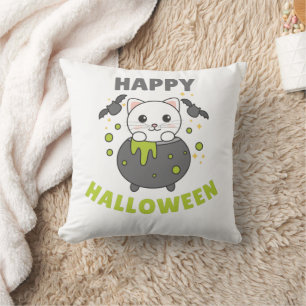 Cat Happy Halloween Cauldron Bat Kissen