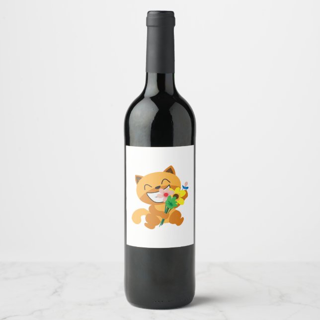 Cat Happy Sweat Cat Blume Funny Gift Idee Weinetikett (Vorderseite)