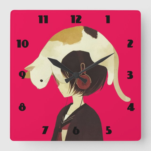 CAT HAT - Anime Child with Cat Quadratische Wanduhr (Vorderseite)