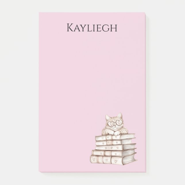 Cat Heart Glasses Books Post-it Klebezettel (Vorderseite)
