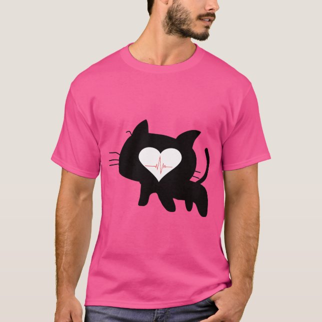 Cat Heartbeat – Minimalist Black Cat Love Design T-Shirt (Vorderseite)