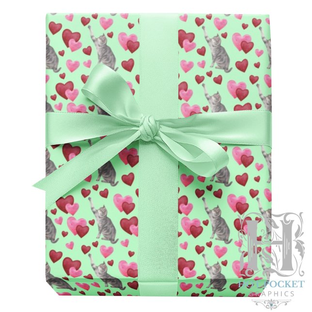 Cat Hearts Valentine Gift Wrapping Paper - Green Geschenkpapier (Von Creator hochgeladen)