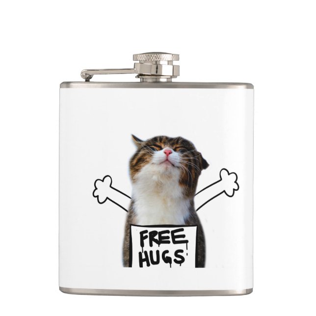 Cat Holding Free Hugs-Zeichen Flachmann (Vorderseite)
