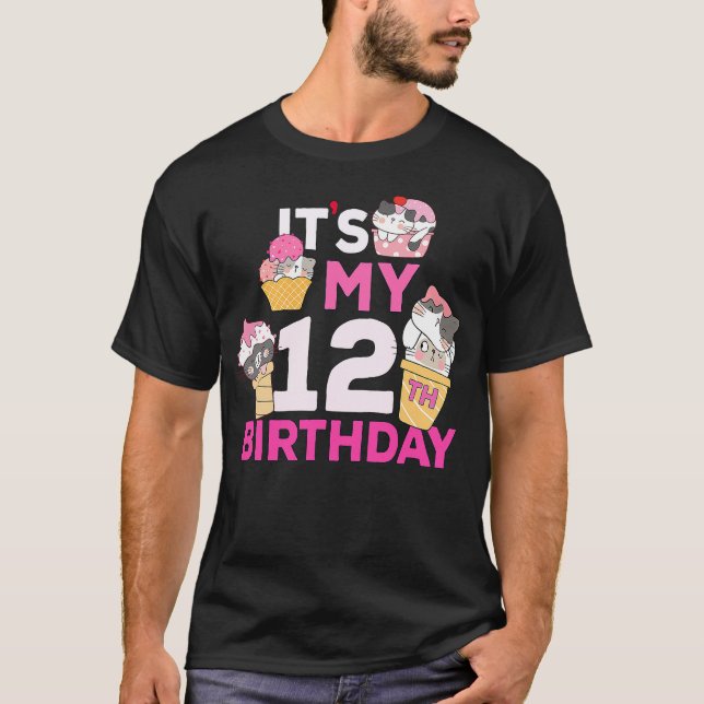 Cat Ice Cream Its My 12th Birthday 12 Year Old Gif T-Shirt (Vorderseite)