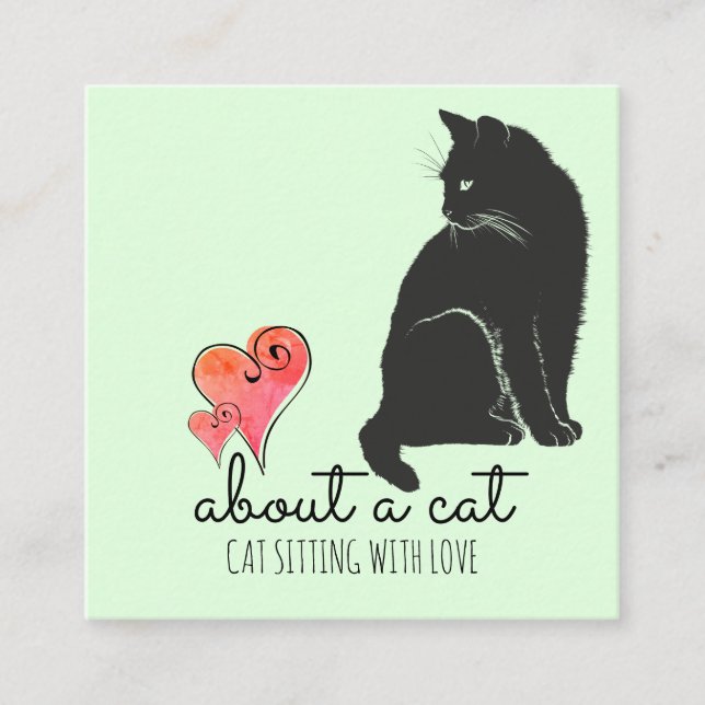 Cat Illustration & Hearts Cat Sitter Quadratische Visitenkarte (Vorderseite)