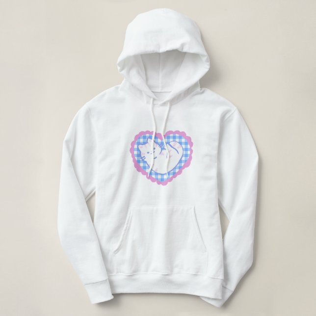 Cat in a Blue Gingham Heart  Hoodie (Design vorne)