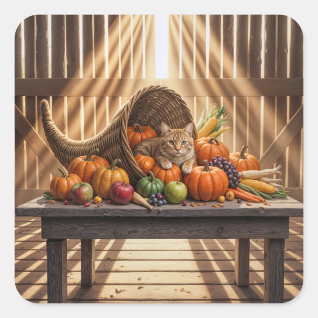 Cat In a Thanksgiving Cornucopia Quadratischer Aufkleber (Vorderseite)