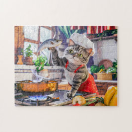 Cat in chef hat cooking with vegetables and fish puzzle