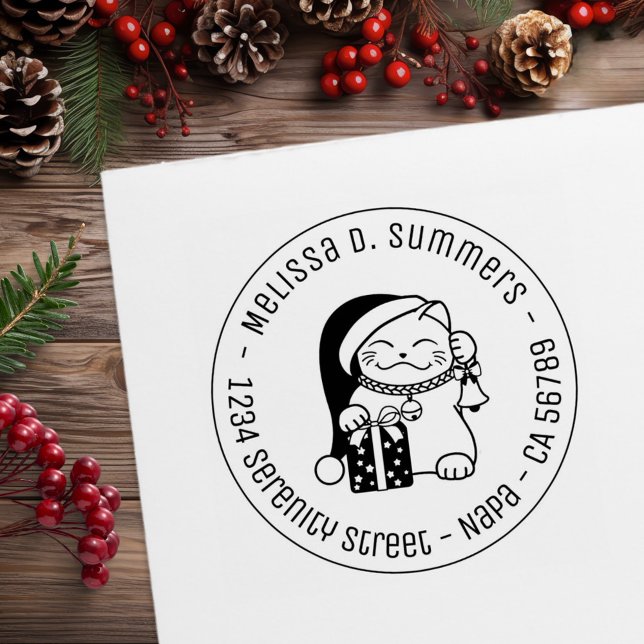 Cat in Christmas Hat Round Address Gummistempel (Von Creator hochgeladen)