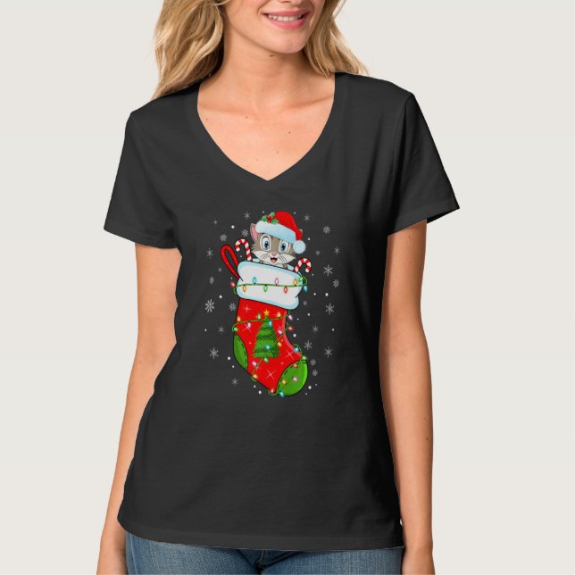 Cat In Christmas Socks Santa Cat Xmas T-Shirt (Vorderseite)