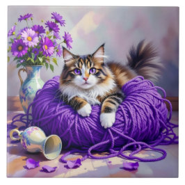 Cat  in Purple Yarn and Flowers   Fliese
