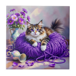 Cat  in Purple Yarn and Flowers   Fliese