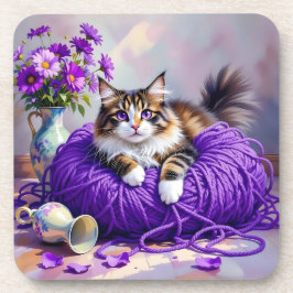 Cat  in Purple Yarn and Flowers   Getränkeuntersetzer