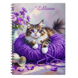 Cat  in Purple Yarn and Flowers Personalized Notizblock