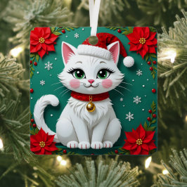 Cat in Santa Hat Poinsettias Festive Christmas  Ornament Aus Metall