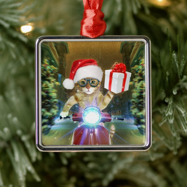 Cat in the Santa Claus hat delivers Christmas gift Ornament Aus Metall (Baum)