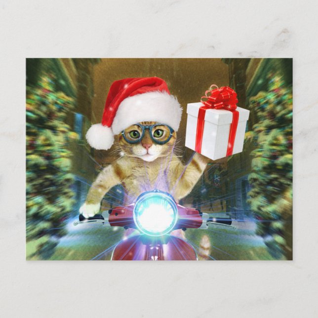 Cat in the Santa Claus hat delivers Christmas gift Postkarte (Vorderseite)