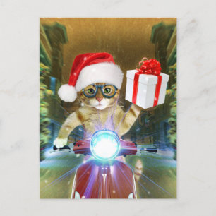 Cat in the Santa Claus hat delivers Christmas gift Postkarte
