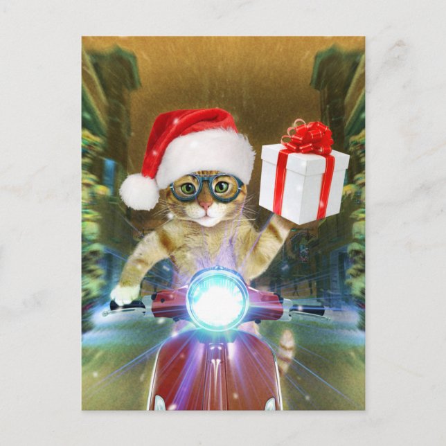 Cat in the Santa Claus hat delivers Christmas gift Postkarte (Vorderseite)