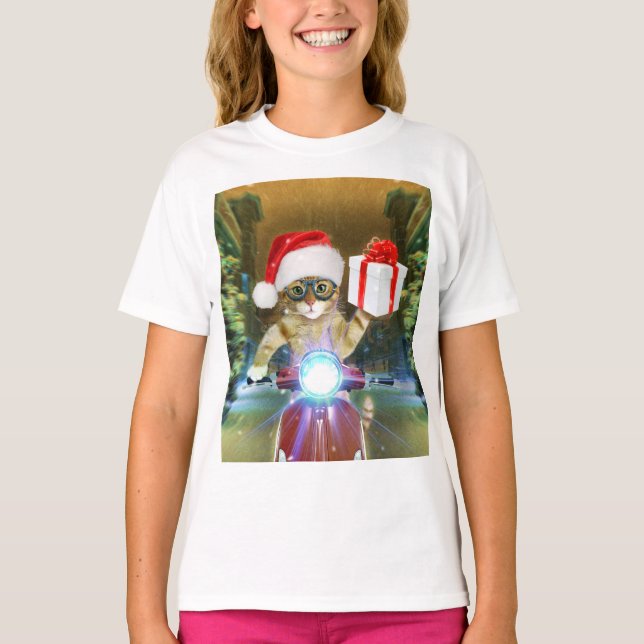 Cat in the Santa Claus hat delivers Christmas gift T-Shirt (Vorderseite)