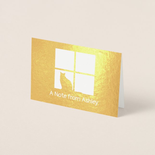 Cat in Window Elegant Eindeutige "A Note From" gek Folienkarte (Vorderseite)